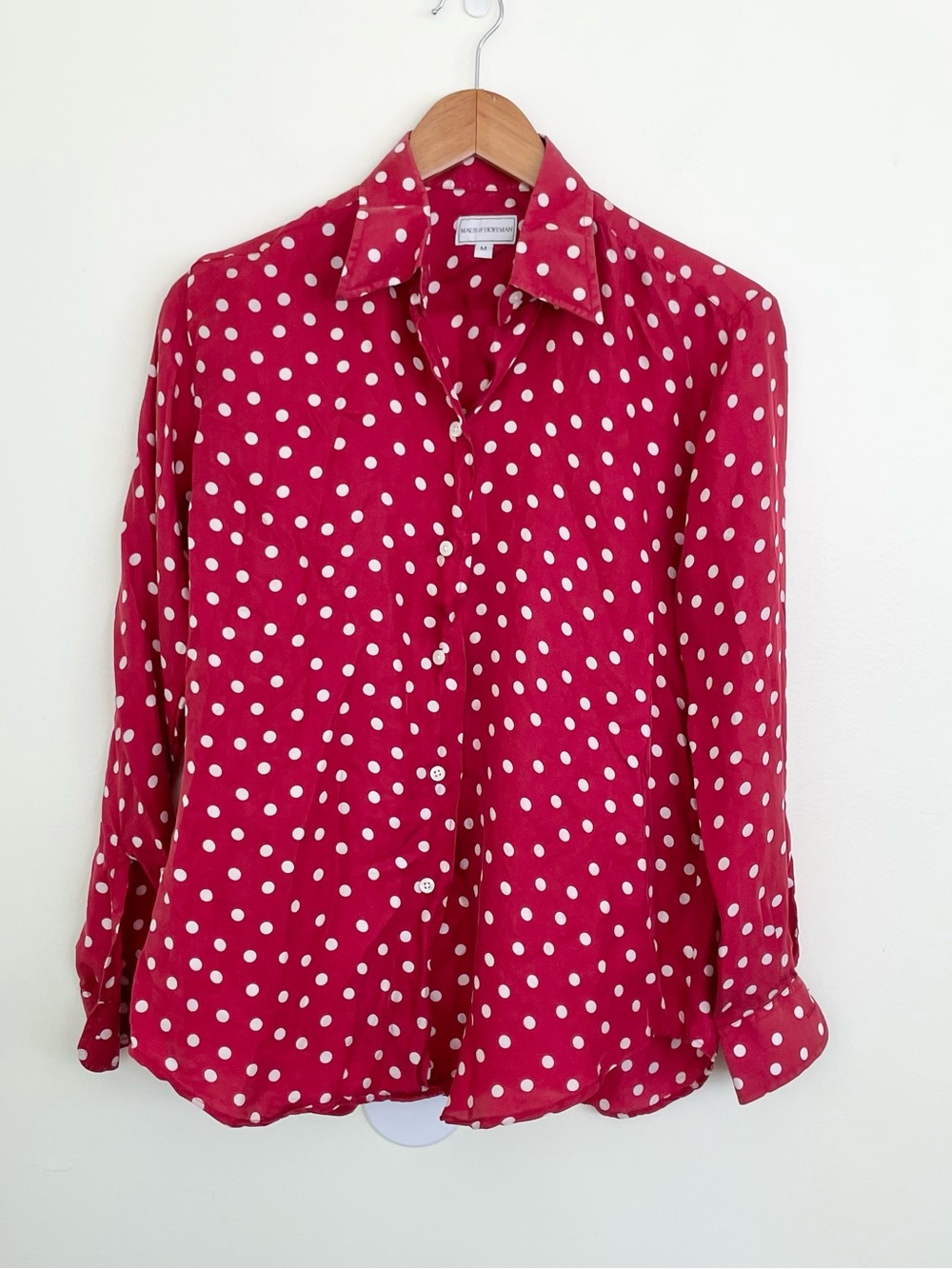 Maus & Hoffman 100% Silk Polka Dot Red Long Sleeve Button Up Blouse M Medium